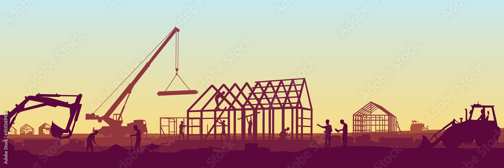 Construction of a country house. Provision of services in construction. Panoramic view of the construction site. A truck crane lifts a load. Stock vector illustration. EPS 10.