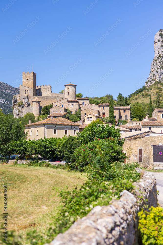 Vue sur le village de Saint-Jean-de-Buèges et son château depuis les vignobles (Occitanie, France)