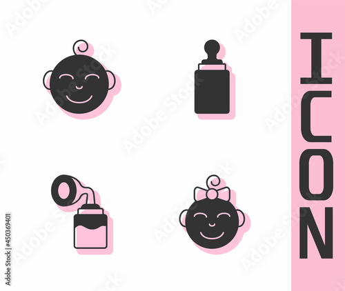 Set Little girl head, boy, Breast pump and Baby bottle icon. Vector