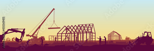 Construction of a country house. Provision of services in construction. Panoramic view of the construction site. A truck crane lifts a load. Stock vector illustration. EPS 10.