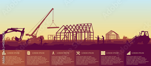 Construction of a country house. Provision of services in construction. Infographics for a website. Panoramic view of the construction site. A truck crane lifts a load. Stock vector illustration.