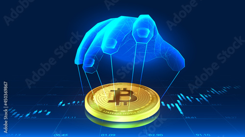 the manipulation of bitcoin by someone's hand in futuristic concep