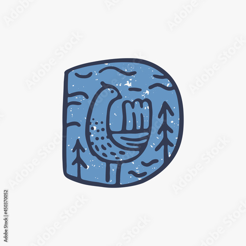 D letter logo with a chicken in the Nordic folk art style in the background.
