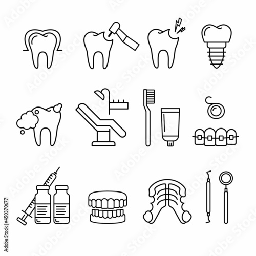 Dentist, orthodontics pattern with line style icons. Health care background for dentistry clinic. Outline dental care, medical equipment, braces, tooth prosthesis, caries treatment background