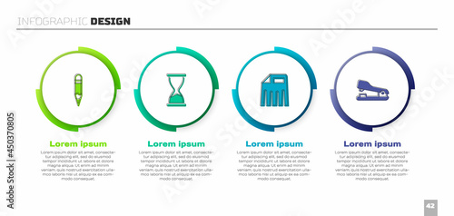 Set Pencil, Old hourglass, Paper shredder and Stapler. Business infographic template. Vector