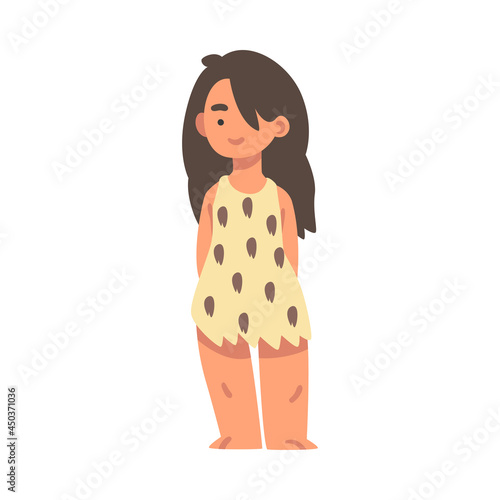 Standing Primitive Woman Character from Stone Age Wearing Animal Skin Vector Illustration