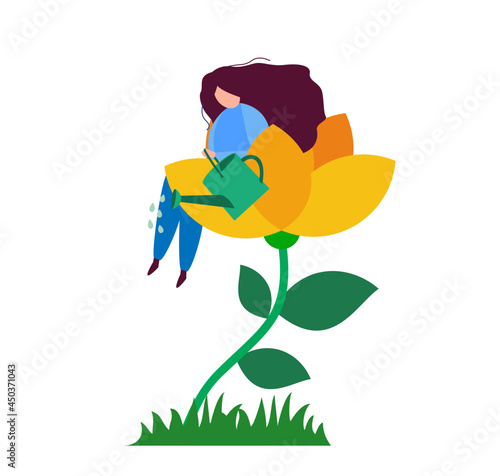 The girl sits in a flower and waters it. Self care and love concept. Vector illustration