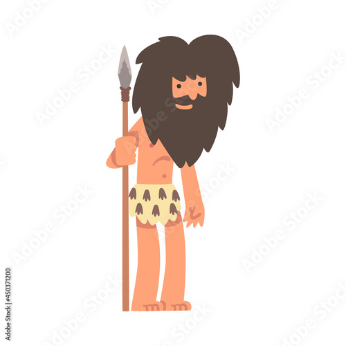 Primitive Man Character from Stone Age Wearing Animal Skin and Holding Spear Vector Illustration