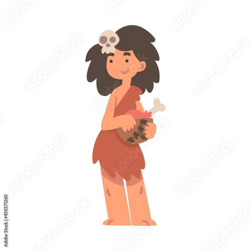 Standing Primitive Woman Character from Stone Age Wearing Animal Skin Holding Bowl with Meat Vector Illustration