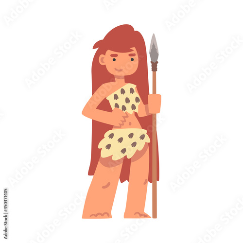 Primitive Woman Character from Stone Age Wearing Animal Skin and Holding Spear Vector Illustration