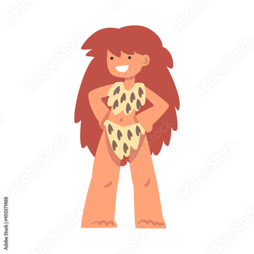Standing Primitive Woman Character from Stone Age Wearing Animal Skin Vector Illustration