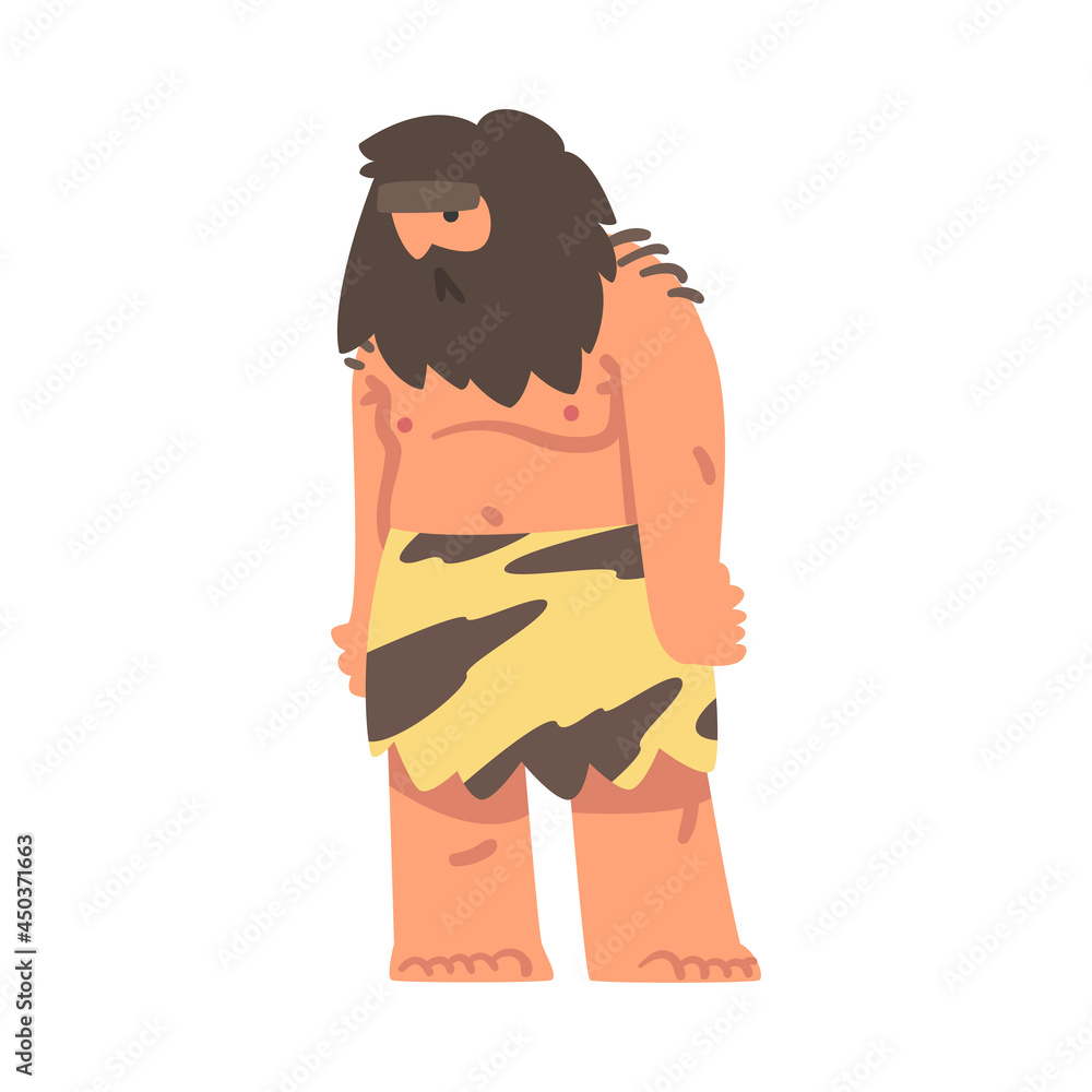 Standing Primitive Bearded Man Character from Stone Age Wearing Animal Skin Vector Illustration