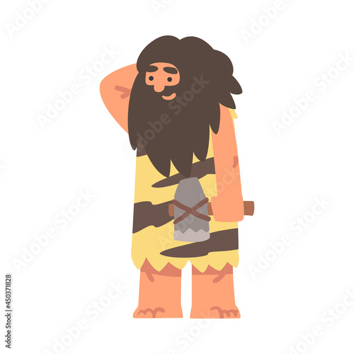 Primitive Man Character from Stone Age Wearing Animal Skin and Holding Hatchet Vector Illustration