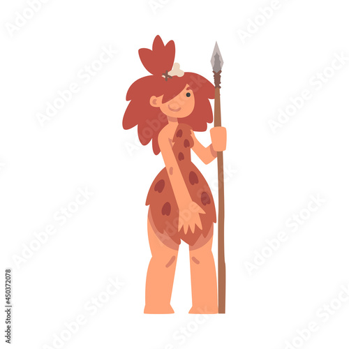 Primitive Woman Character from Stone Age Wearing Animal Skin and Holding Spear Vector Illustration