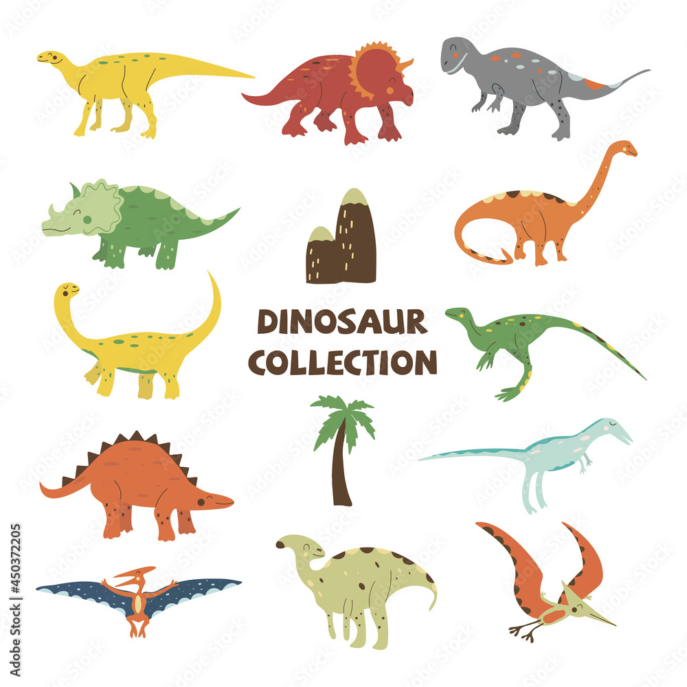 Dinosaurs collection. Parasaurolophus and gallimimus, pterosaur and triceratops, stegosaurus and hadrosaurus. Omnivorous animal, predators and herbivores, Jurassic. Vector illustration hand drawn set Dinosaurs collection. Parasaurolophus and gallimimus, pterosaur and triceratops, stegosaurus and hadrosaurus. Omnivorous animal, predators and herbivores, Jurassic. Vector illustration hand drawn set