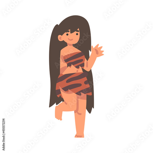 Standing Primitive Woman Character from Stone Age Wearing Animal Skin Waving Hand Vector Illustration