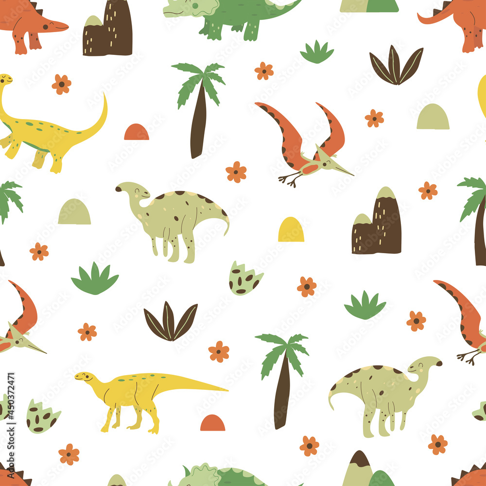 Fototapeta premium Seamless pattern Dinosaurs parasaurolophus and gallimimus, pterosaur and triceratops. Omnivorous animal, extinct ancient reptile, Jurassic period. Colorful vector illustration hand drawn wrapping