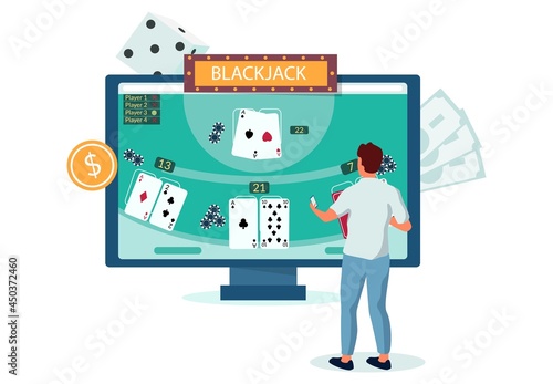 Man playing internet blackjack game, flat vector illustration. Online casino gambling. Entertainment. Casino business.