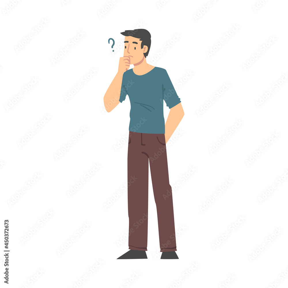 Thoughtful Man Character with Hand on Chin and Question Mark Thinking Over the Matter Vector Illustration Thoughtful Man Character with Hand on Chin and Question Mark Thinking Over the Matter Vector Illustration