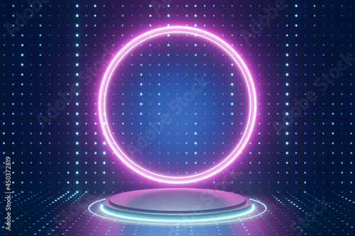 Digital product background. Silver cylinder podium with pink circle led light reflects on dark dot effect blue background. 3D illustration rendering.