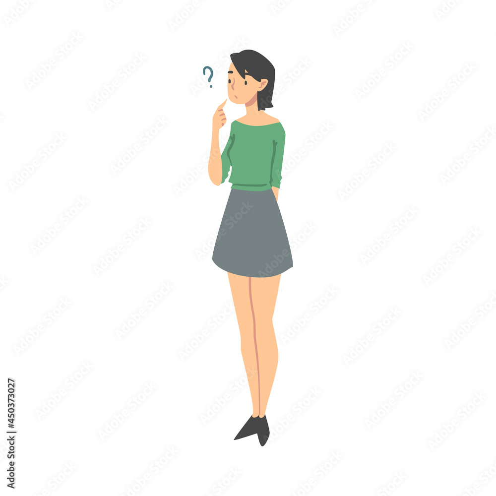 Thoughtful Woman Character and Question Mark Thinking Over the Matter Vector Illustration Thoughtful Woman Character and Question Mark Thinking Over the Matter Vector Illustration