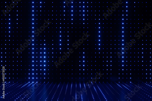 Digital product background. Blank led light reflects on dark dot effect blue background. 3D illustration rendering.