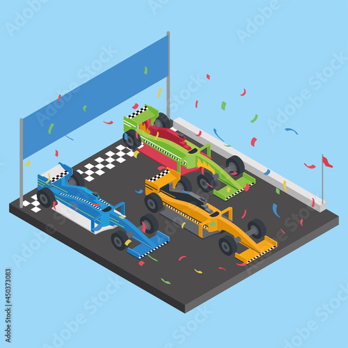 Isolated group of isometric formula one racing cars