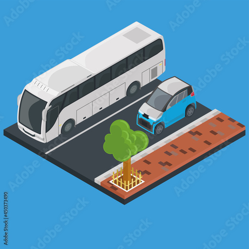 Isometric electric car and bus on a street