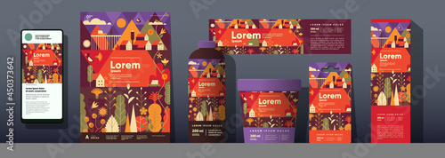 Autumn backgrounds. An example of the use of vector illustrations on labels, packaging. Corporate identity and branding. Design templates in different sizes.