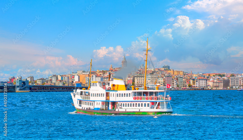 Sea voyage with old ferry (steamboat) in the Bosporus - Dolmabahce Palace  seen from the Bosphorus  - Galata Tower, Galata Bridge, Karakoy district and Golden Horn, istanbul - Turkey