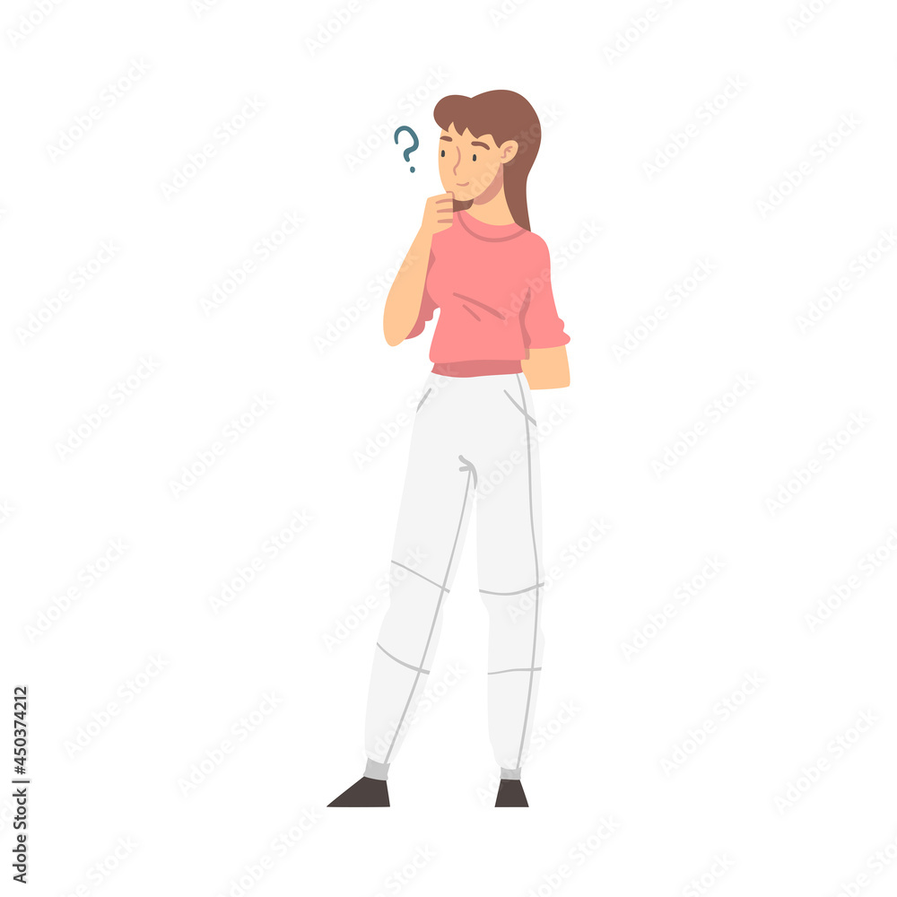 Thoughtful Woman Character and Question Mark Thinking Over the Matter Full Height Vector Illustration Thoughtful Woman Character and Question Mark Thinking Over the Matter Full Height Vector Illustration