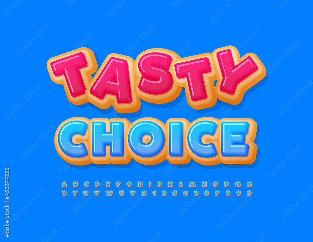 Vector delicious sign Tasty Choice. Blue glazed Alphabet Letters and Numbers set. Donut style Font Vector delicious sign Tasty Choice. Blue glazed Alphabet Letters and Numbers set. Donut style Font