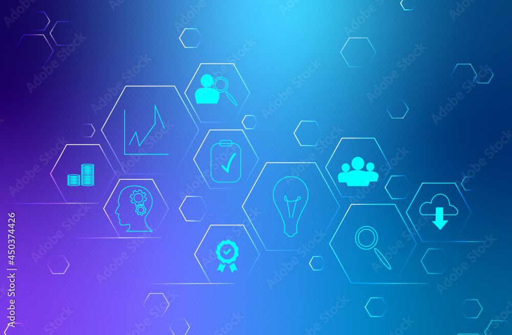 digital data grid with hexagons and icons on gradient blue background