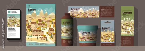 Autumn backgrounds. City landscape. An example of the use of vector illustrations on labels, packaging. Corporate identity and branding. Design templates in different sizes.