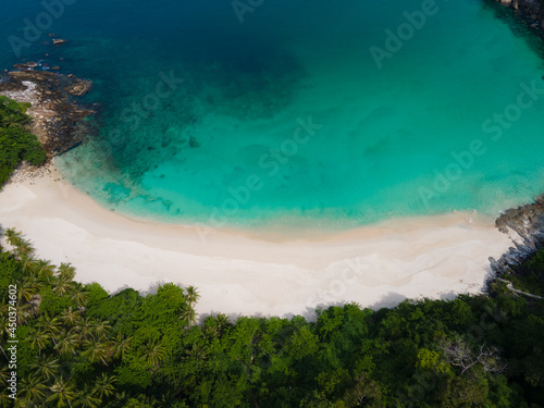 Aerial view tropical beach and sea Top down view of drone. Andaman sea Phuket Thailand.