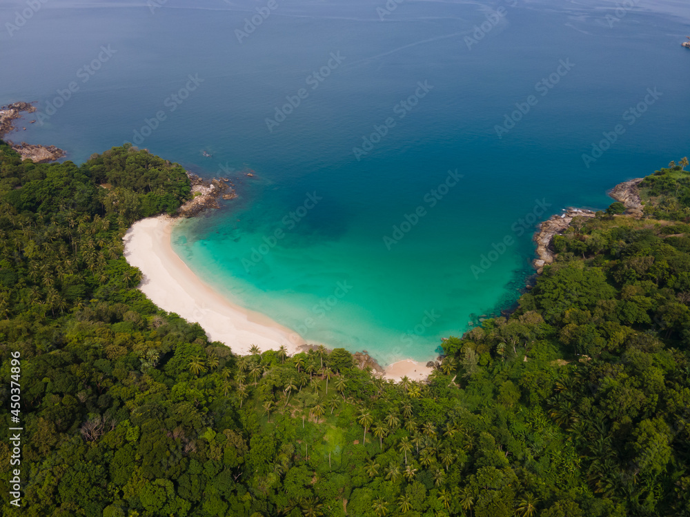Aerial view tropical beach and sea Top down view of drone. Andaman sea Phuket Thailand.