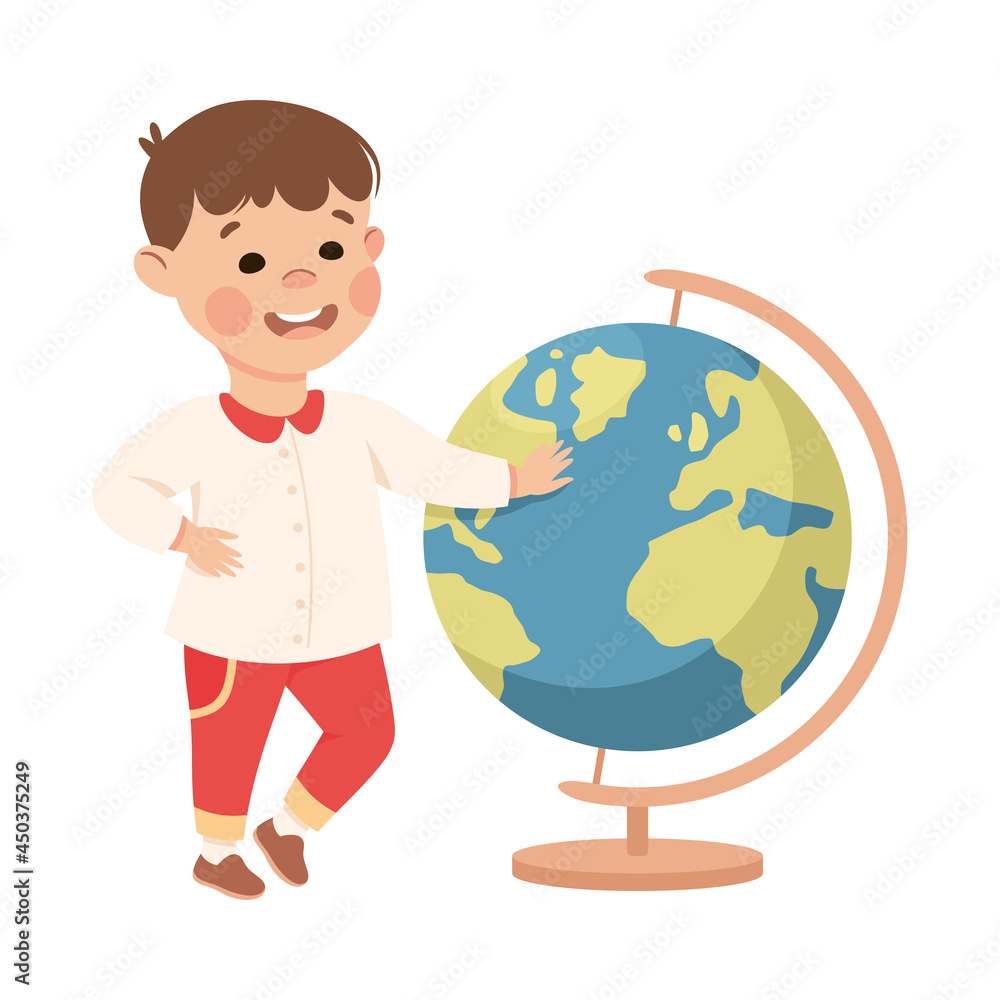 Cute Boy with Huge Globe as School Stationery Vector Illustration Cute Boy with Huge Globe as School Stationery Vector Illustration