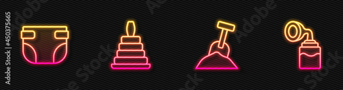 Set line Sandbox with sand and shovel, Baby diaper, Pyramid toy and Breast pump. Glowing neon icon. Vector