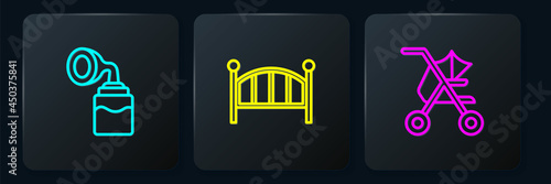 Set line Breast pump, Baby stroller and crib cradle bed. Black square button. Vector