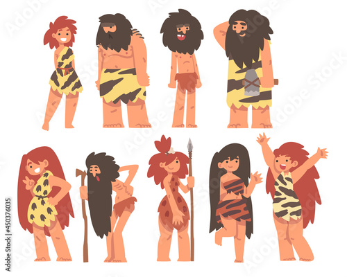Primitive People Character from Stone Age Wearing Animal Skin Vector Set