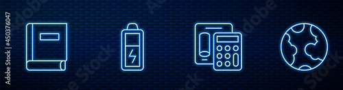 Set line Calculator, Science book, Battery and Earth globe. Glowing neon icon on brick wall. Vector