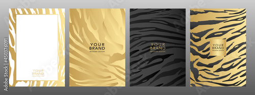 Modern cover, frame safari set. Gold tiger print luxury background. Abstract wavy line pattern print on backdrop. Premium luxury stripes vector collection for brochure, template, restaurant menu.