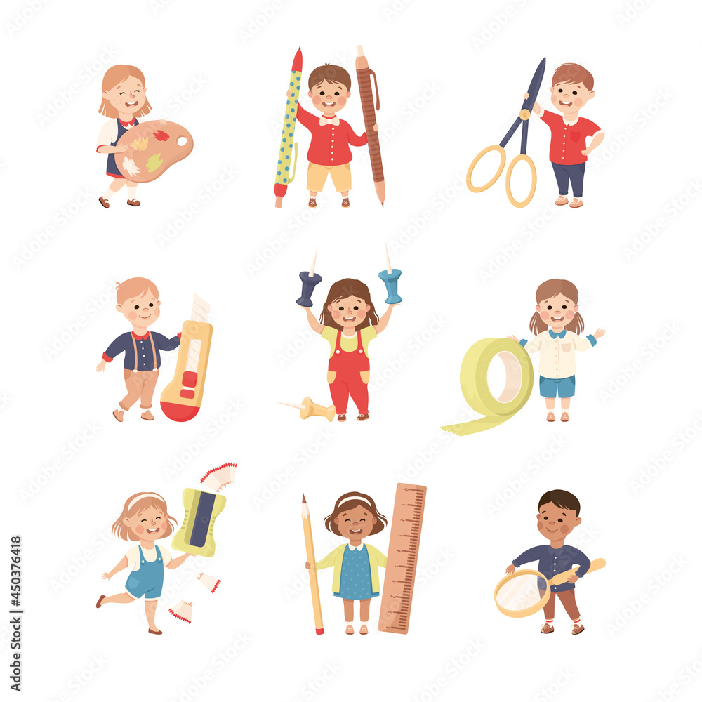 Cute Children with Huge School Stationery Like Palette and Scissors Vector Set Cute Children with Huge School Stationery Like Palette and Scissors Vector Set