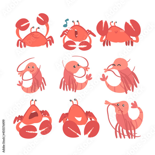 Shrimp and Crab Character as Aquatic Mammal with Smiling Face Vector Set