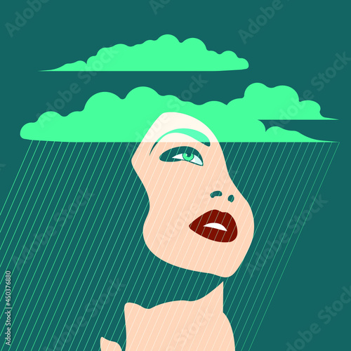 PSYCHOPATHOLOGY – MENTAL HEALTH DISORDE - Feminine face looking at clouds and rain in the sky - depression photo