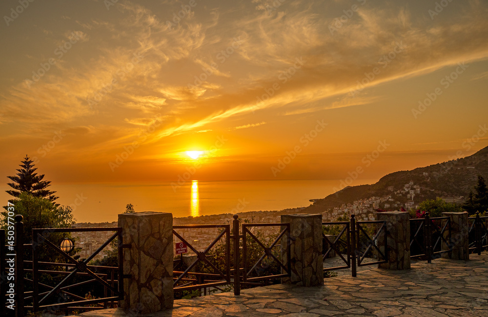 Seen from Alanya , Turkey at sunset from a mountain behind