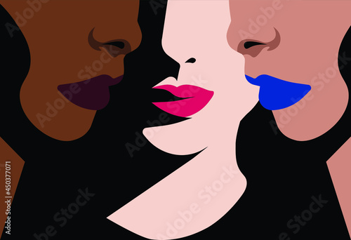 FEMINISM - gender equality - violence against women - face of three different colored women - equality