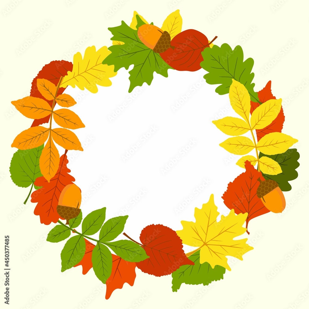 A frame made of autumn leaves. The leaves are oak, birch, aspen, maple. Autumn theme. Space for copying. Applicable for printing, posters, postcards, websites. Vector illustration.