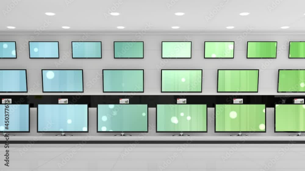 Animation of rows of television sets in store with glowing screens with copy space Animation of rows of television sets in store with glowing screens with copy space