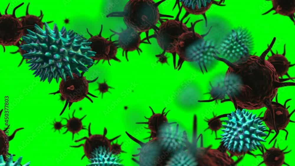 Animation of covid 19 cells floating on green background Animation of covid 19 cells floating on green background